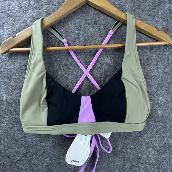 Prana Swimsuit Bikini Top Womens Small Tulum Black Color Block Pink Green - Picture 3 of 11